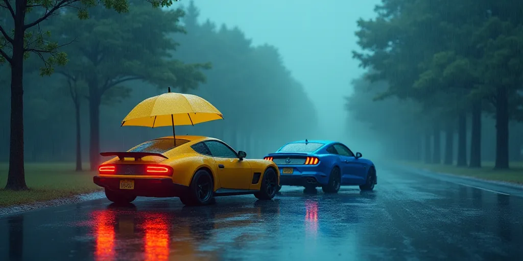 a car is parked in the rain with a yellow umbrella over it and a blue car is parked in the rain, Bee