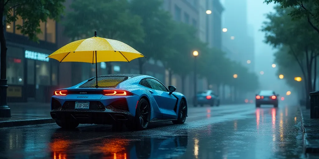 a car is parked in the rain with a yellow umbrella over it and a blue car is parked in the rain, Bee