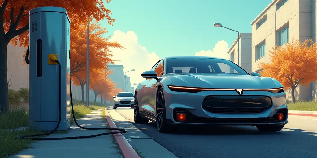 a car is plugged in to a charging station on a street corner with a car in the background, Évariste