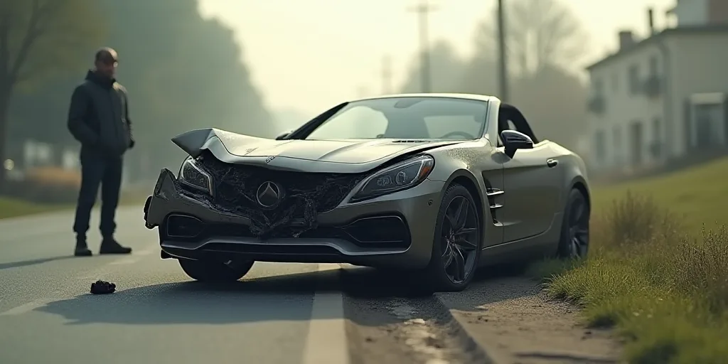 a car that has been involved in a collision with another car on the side of the road, with a person