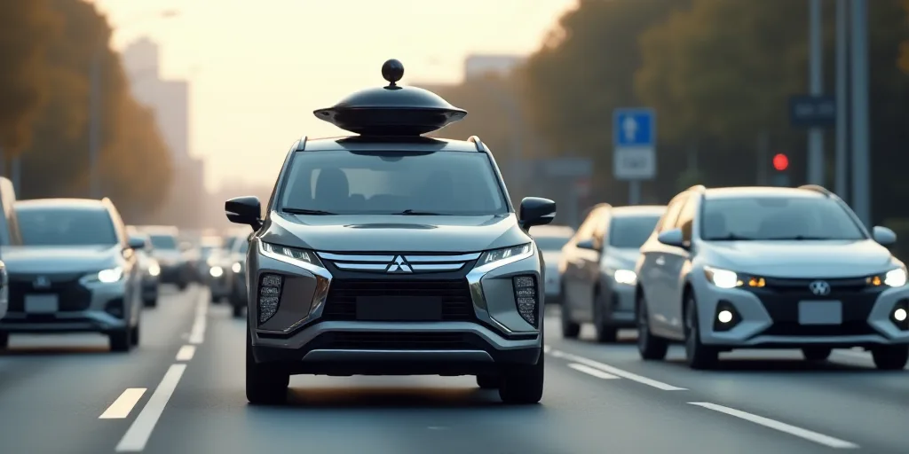 a car with a camera on top of it driving down the street in traffic with other cars behind it, Ai-Mi