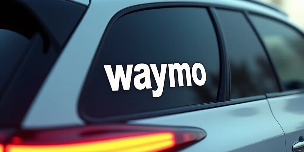 a car with a sticker on it that says waymo on the back of it and a window with a window seal, Ay-O,
