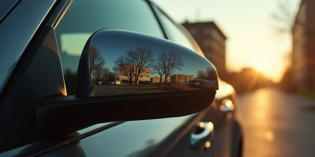 a car with a tree reflection in the side mirror of it's side mirror, with a building in the backgrou