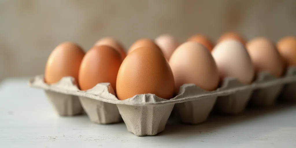 a carton of eggs on a table with a few more eggs in the carton behind it and a few more eggs in the