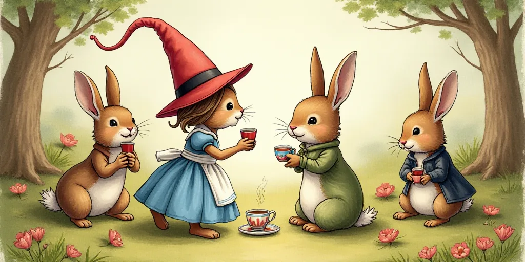 a cartoon of alice and the mad tea party with a mad hat on their head and a mad tea party on their h