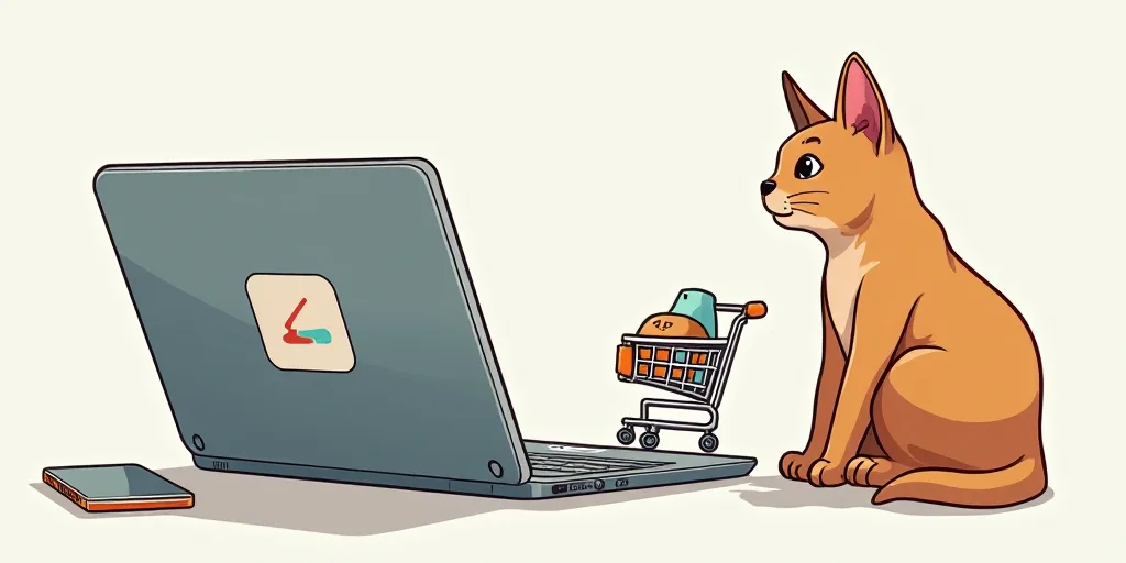 a cat sitting next to a laptop and a phone with a shopping cart on it and a cat sitting next to it,