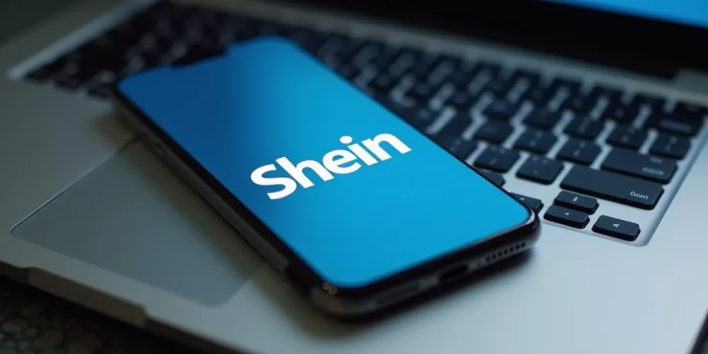 a cell phone is sitting on a laptop keyboard with a shein logo on it and a keyboard on the other sid
