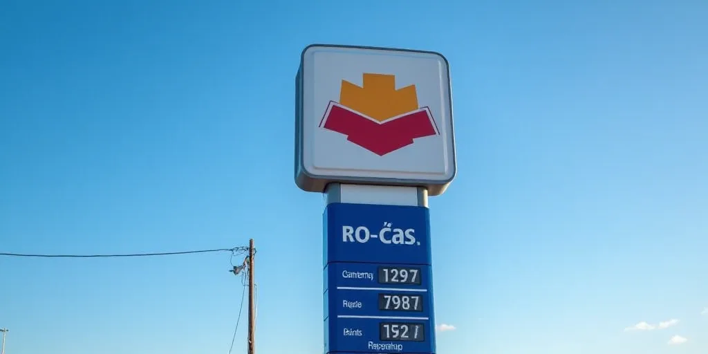 a chevron gas station sign and a gas station sign with a blue sky in the background and a blue sky i