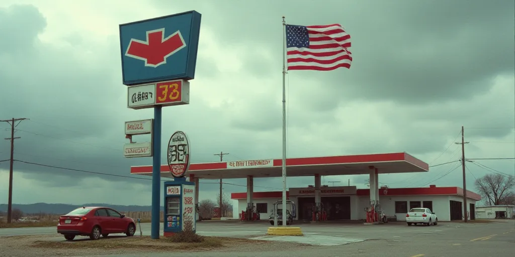 a chevron gas station sign and an american flag in the background with a cloudy sky in the backgroun