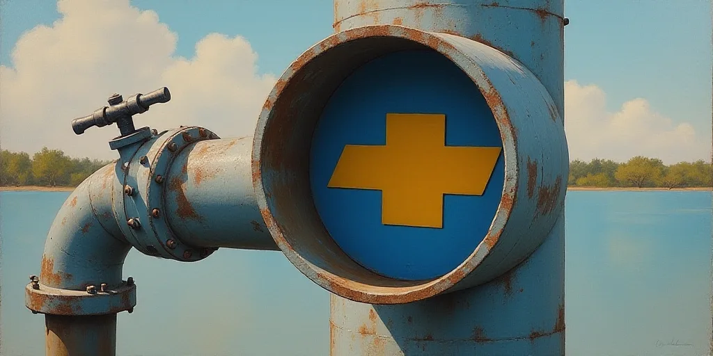 a chevron logo is seen through a pipe with a water spigot on it's side, Evelyn Abelson, oil, a stock