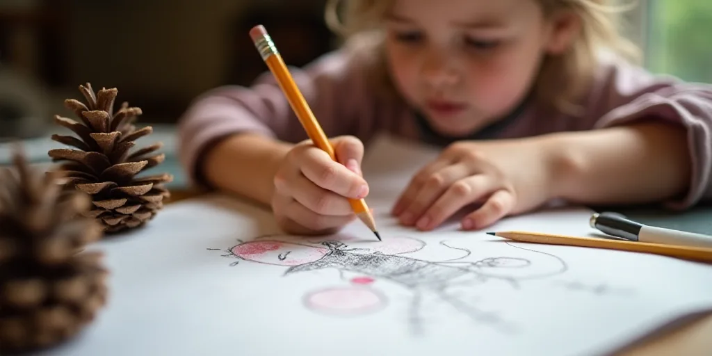 a child writing on a piece of paper with a pencil and some pine cones in the background and a pine c