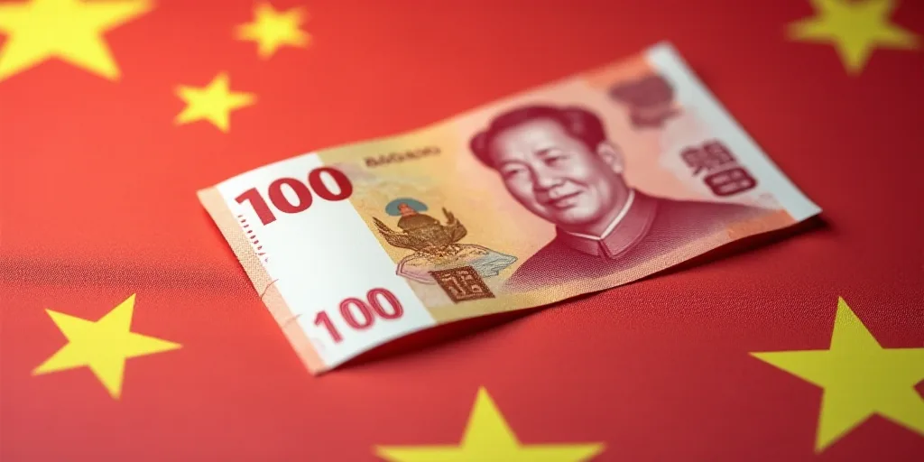 a chinese 100 dollar bill with a red background and a yellow star in the foreground of the image, Cu