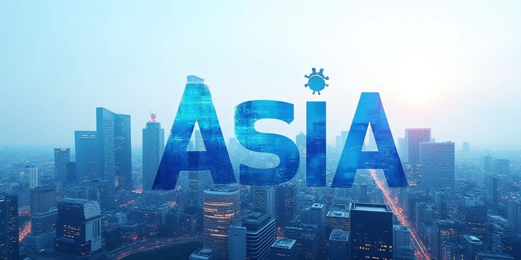 a city skyline with a blue and white graphic over it that says asia in the middle of the image, Ai-M