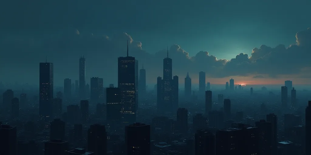 a city skyline with a lot of tall buildings at night time with a cloudy sky in the background and a