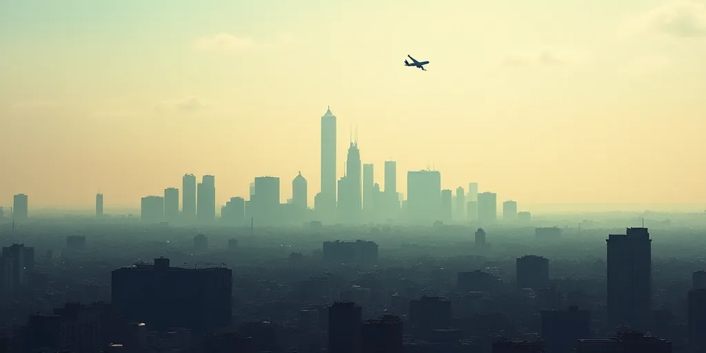 a city skyline with a plane flying in the sky and a hazy sky in the background with buildings in the