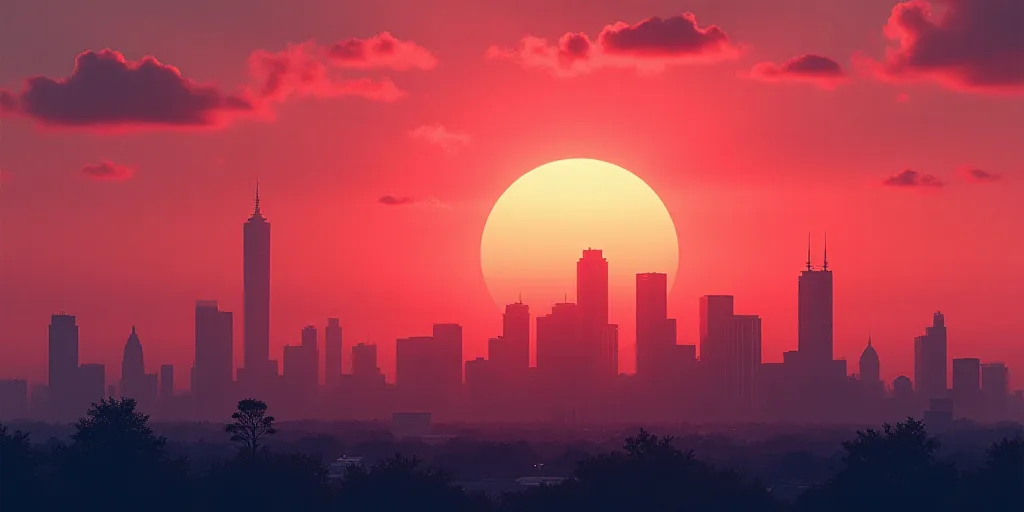 a city skyline with a sunset in the background and a red sky in the foreground with a few clouds, Ed