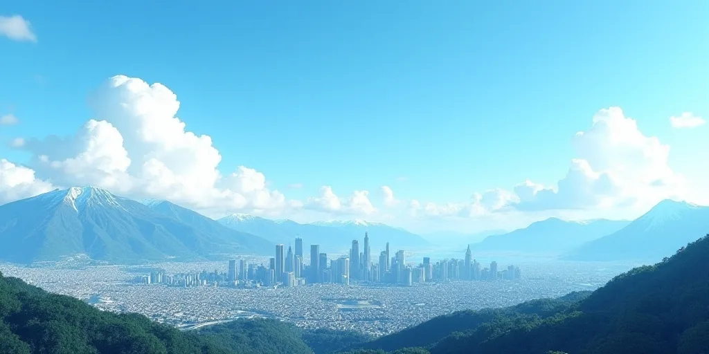 a city skyline with mountains in the background and a blue sky in the foreground with a few clouds,