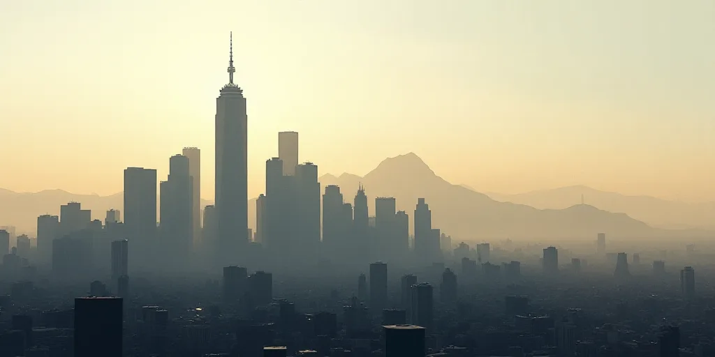 a city skyline with tall buildings and mountains in the background, with a hazy sky in the backgroun