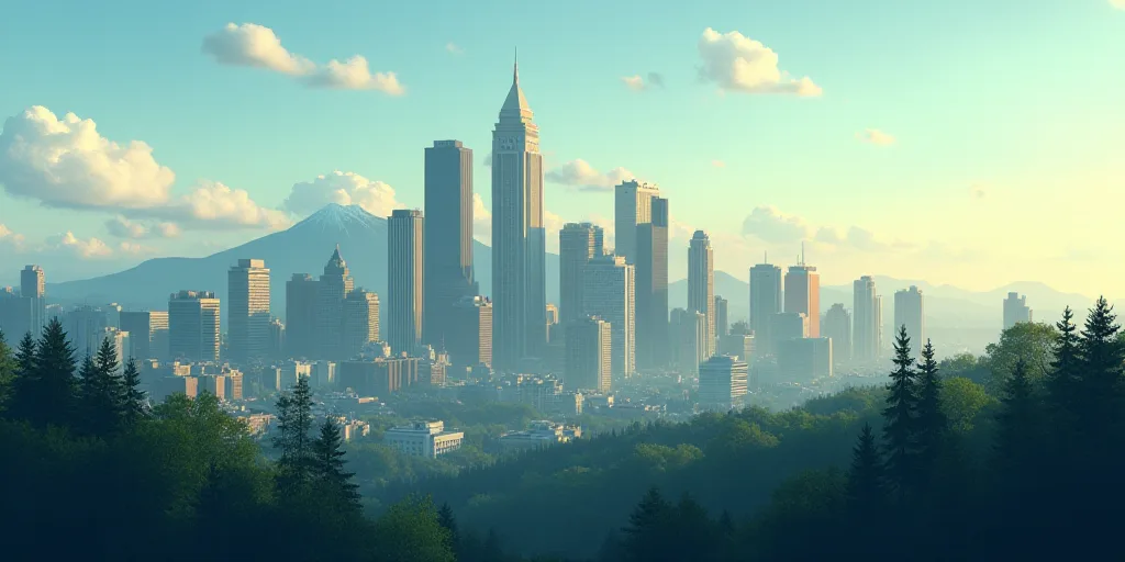 a city skyline with tall buildings and trees in the foreground and mountains in the background in th