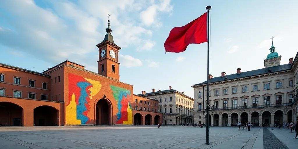 a city square with a flag flying in the wind and a building in the background with a clock tower, Da