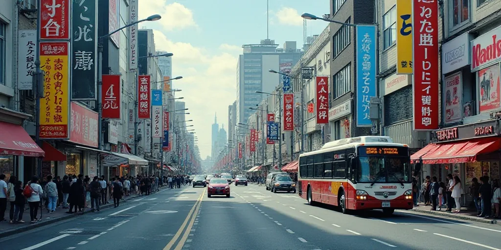 a city street filled with lots of traffic and tall buildings with advertisements on them and a bus d