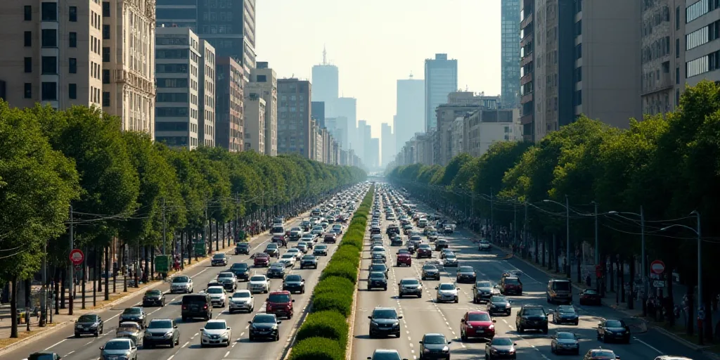 a city street filled with lots of traffic next to tall buildings and trees in the distance with a sk