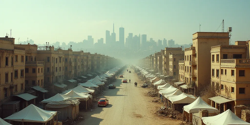 a city street filled with lots of tents and buildings in the background with a sky line in the foreg