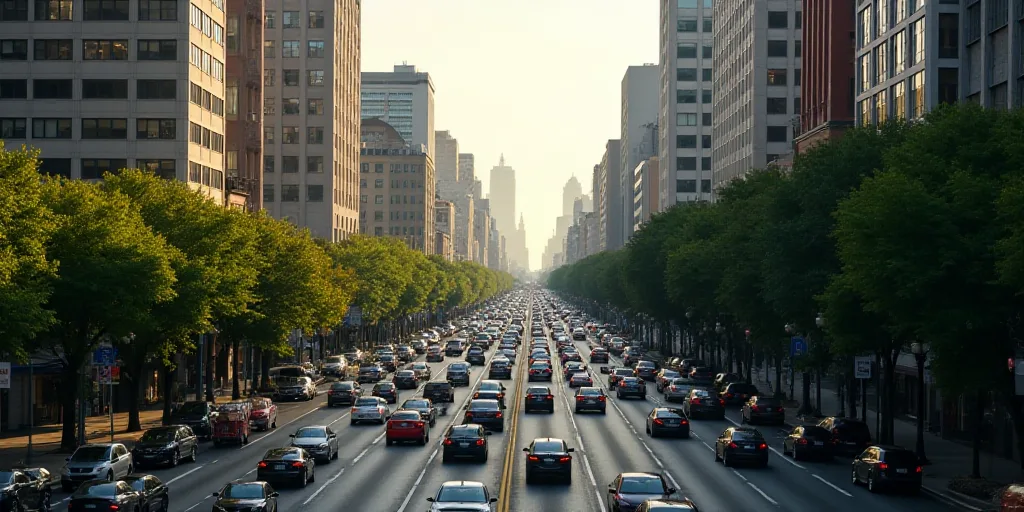 a city street filled with lots of traffic next to tall buildings and trees on both sides of the stre