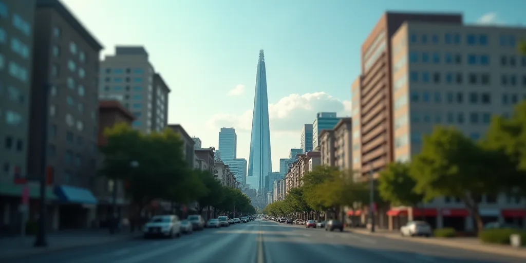 a city street with a lot of buildings and a sky scraper in the background with a sky line, Eddie Men