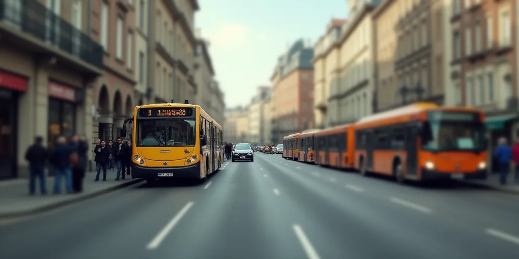 a city street with buses and people walking on the sidewalk and cars on the road and buildings in th