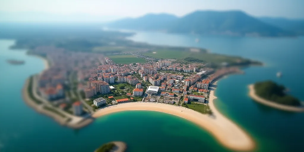 a city with a beach and a body of water in the background and a body of water in the foreground, Cef