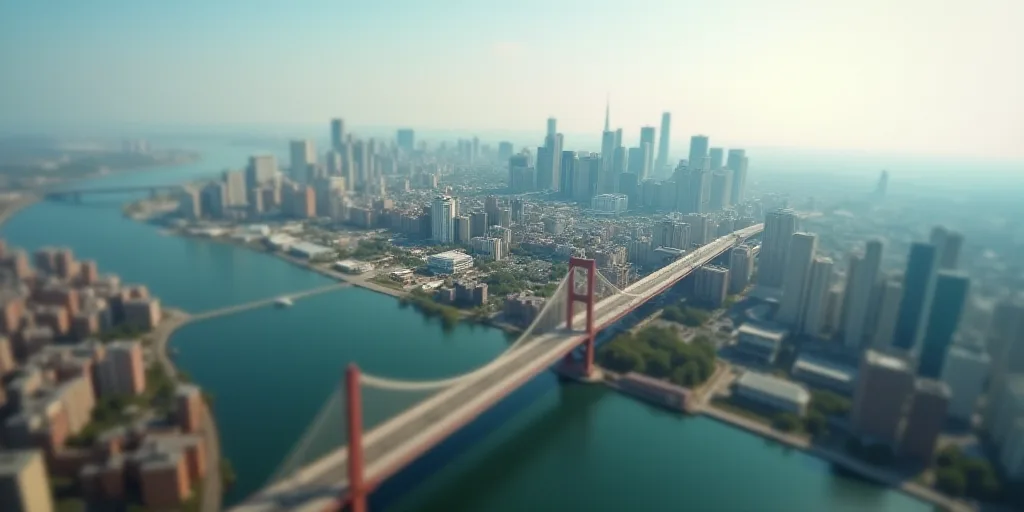 a city with a bridge and a bridge over it with a sky line above it and a city below, Christo, blunt