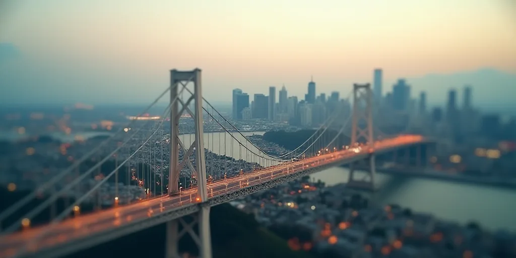 a city with a bridge and a bridge over it with a sky line above it and a city below, Christo, blunt