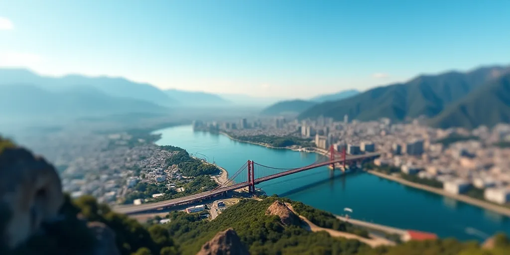 a city with a bridge and a highway going over it and mountains in the background with a blue sky, Ed