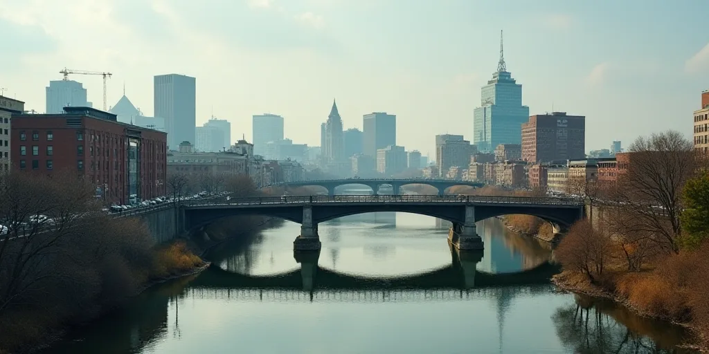a city with a bridge and a river running through it and a bridge going over it that is over a bridge