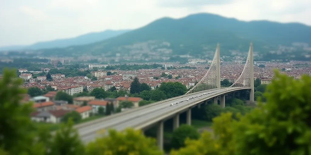 a city with a hill in the background and a bridge in the foreground with a bridge going across it, A