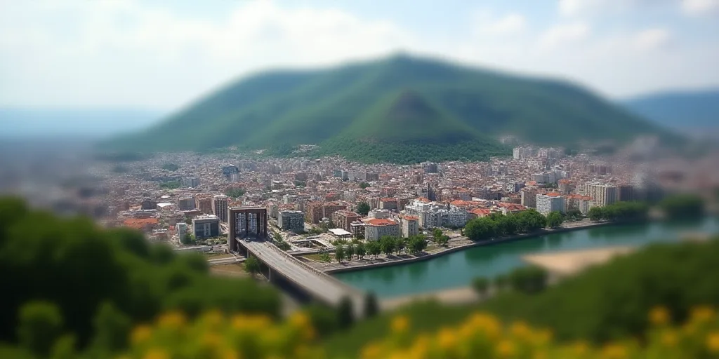 a city with a hill in the background and a bridge in the foreground with a bridge going across it, A