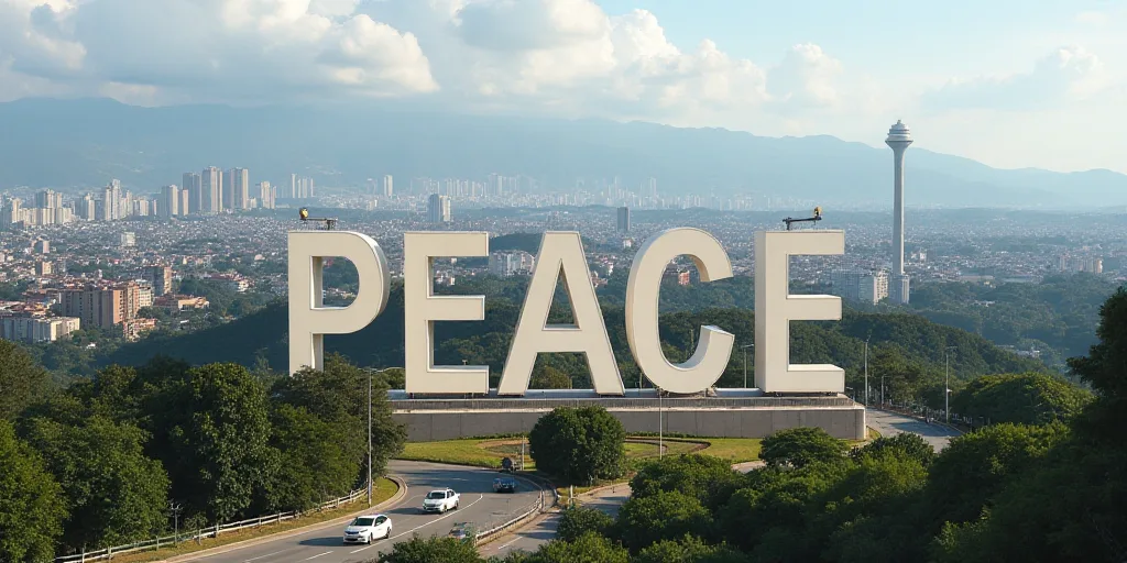 a city with a large sign that says peace in the middle of it's letters and a city in the background,