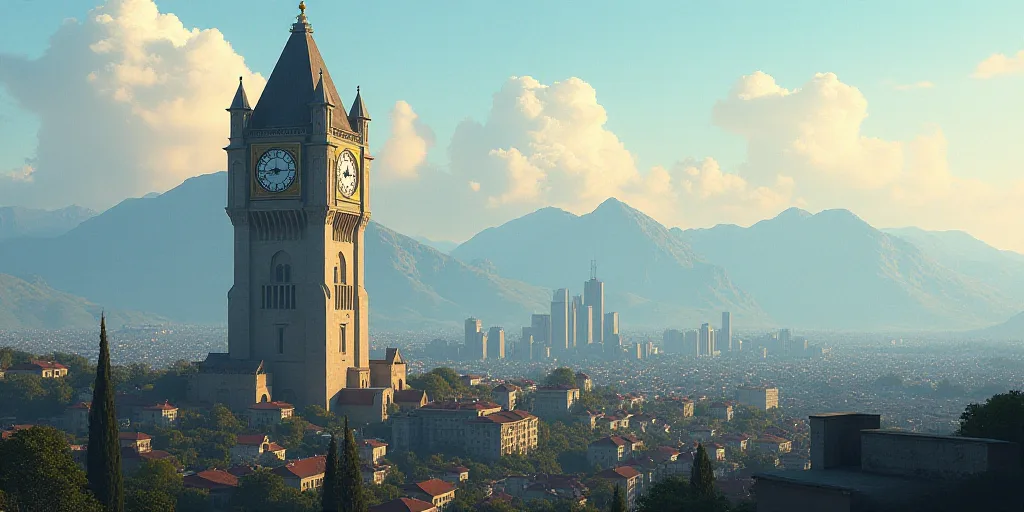 a city with a large tower with a clock on it's side and mountains in the background with a sky line,