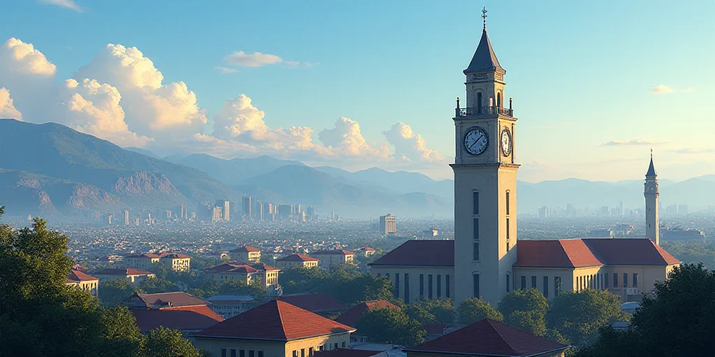 a city with a large tower with a clock on it's side and mountains in the background with a sky line,