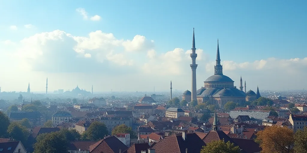 a city with a lot of buildings and a tower in the background with a blue sky and clouds above, Carle
