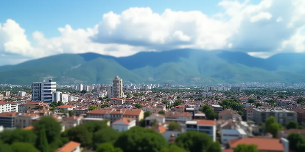 a city with a lot of buildings and mountains in the background with clouds in the sky above it and a