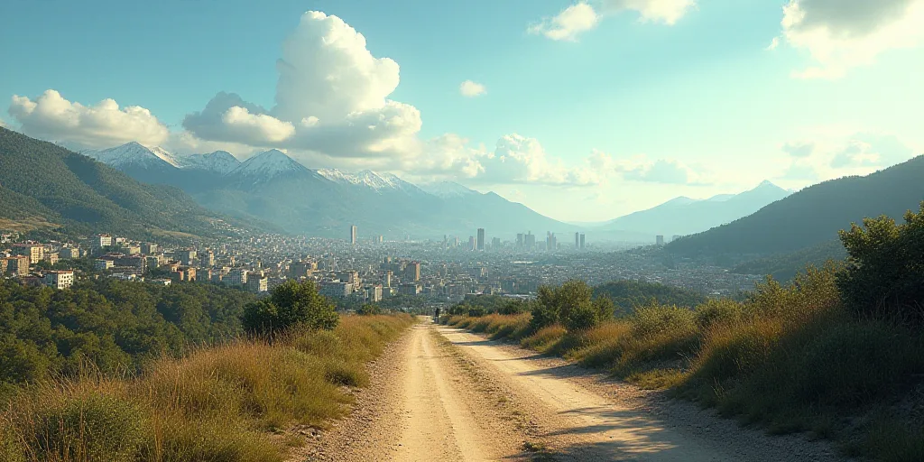 a city with a lot of buildings and mountains in the background and a dirt road in the foreground, Al
