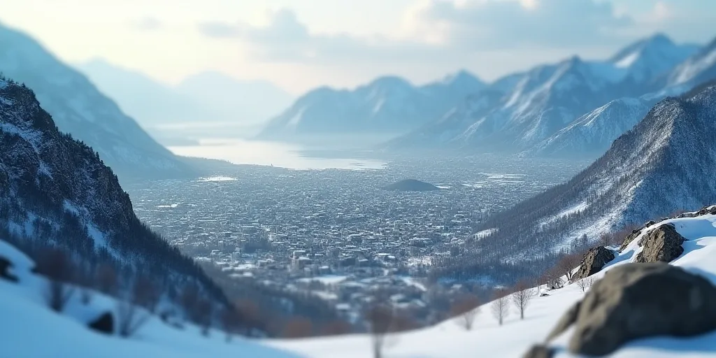 a city with a lot of snow on the ground and mountains in the background with a body of water, Artur