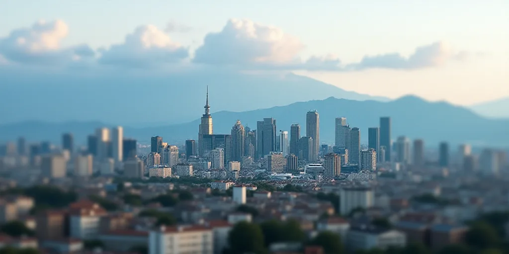 a city with a lot of tall buildings and mountains in the background, with a few clouds in the sky, A