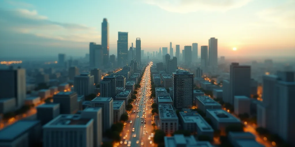 a city with a lot of tall buildings and a street with cars driving down it and a sky line, Eddie Men