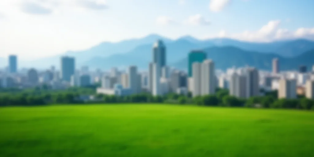a city with a lot of tall buildings and mountains in the background, and a green field in the middle