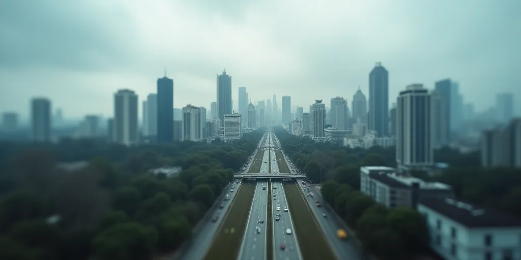 a city with a lot of tall buildings and a cloudy sky above it, with a few cars driving on the road,