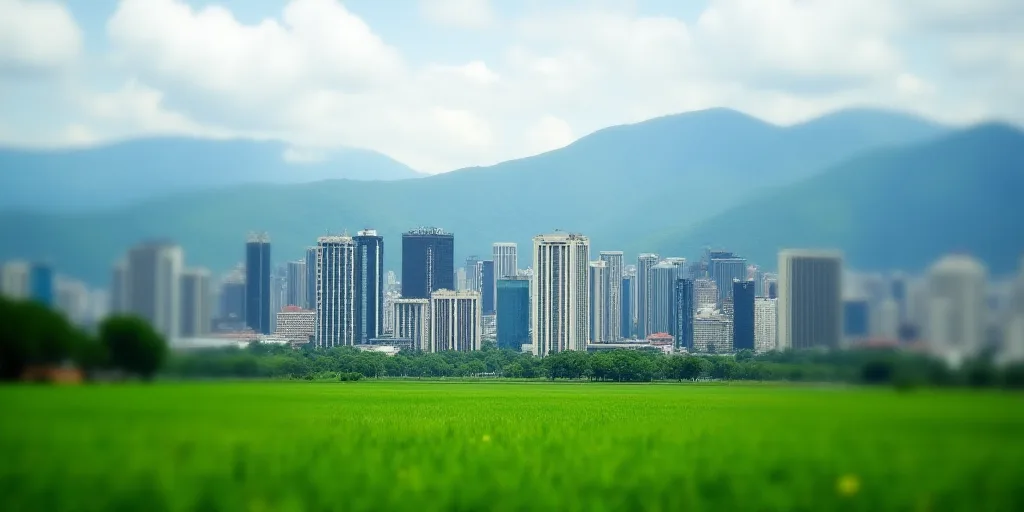 a city with a lot of tall buildings and mountains in the background, and a green field in the middle