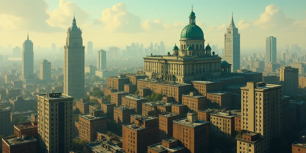 a city with a lot of tall buildings and a green dome on top of it's roof top, Emiliano Ponzi, aerial